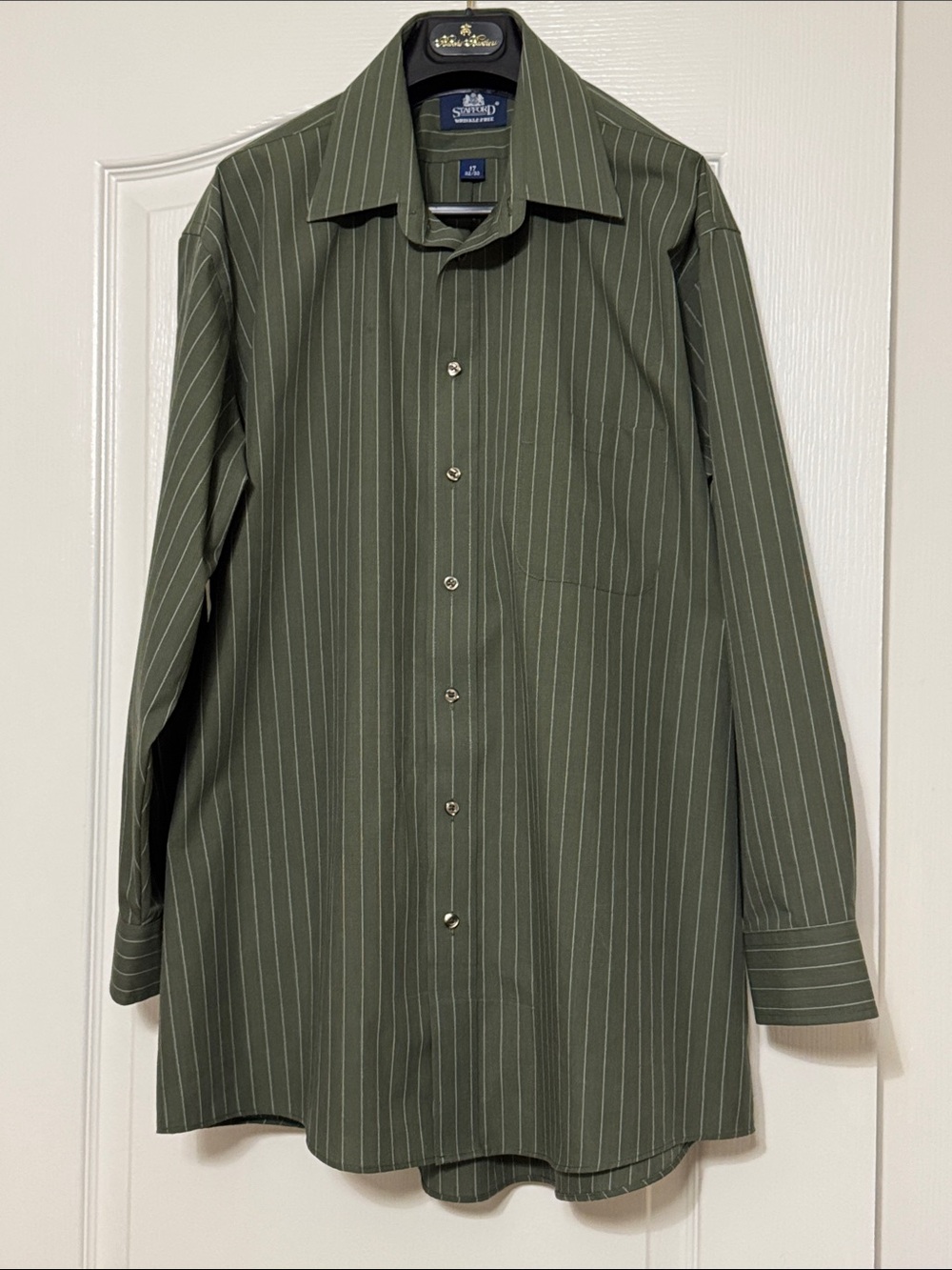 Stafford Olive Pinstripe Long-Sleeve Dress Shirt